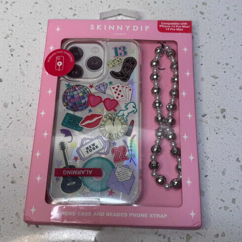 Skinnydip London for iPhone 13 14 Pro Max Case Beaded Strap Set Collage Disco